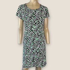 Dana Buchman Short Sleeve Ruched Faux Wrap Dress Stretchy Size L Zebra Stripes